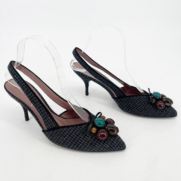 Retro Miu Miu Houndstooth Wool Beaded Accent Pointed Toe Slingback Heel IT 38.5 - Picture 1 of 10